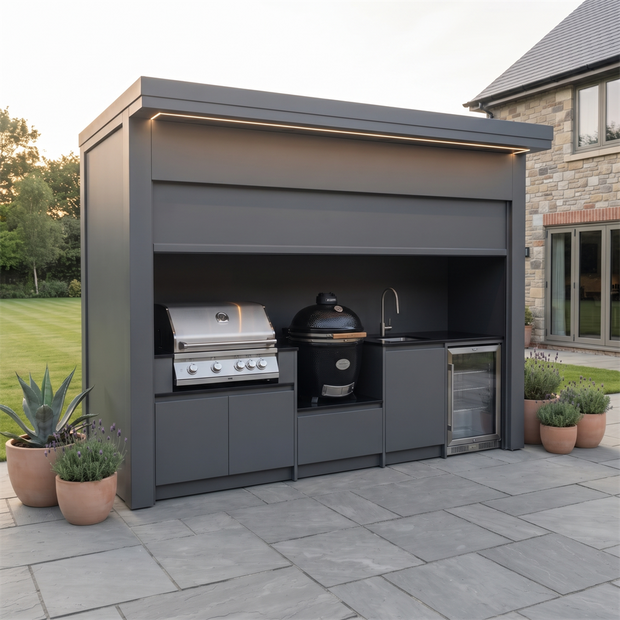 Bespoke Stainless Steel Outdoor Kitchen Pod with Shed – Roller Shutter Door, BBQ With Built-in Fridge for Poolside