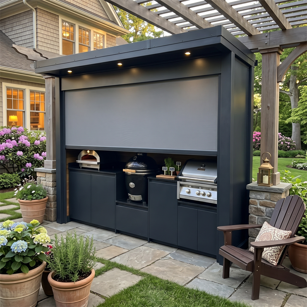 Made-to-Order Stainless Steel Outdoor Kitchen Pod with Shed – Closable Roller Shutter, Sink Station for Backyard