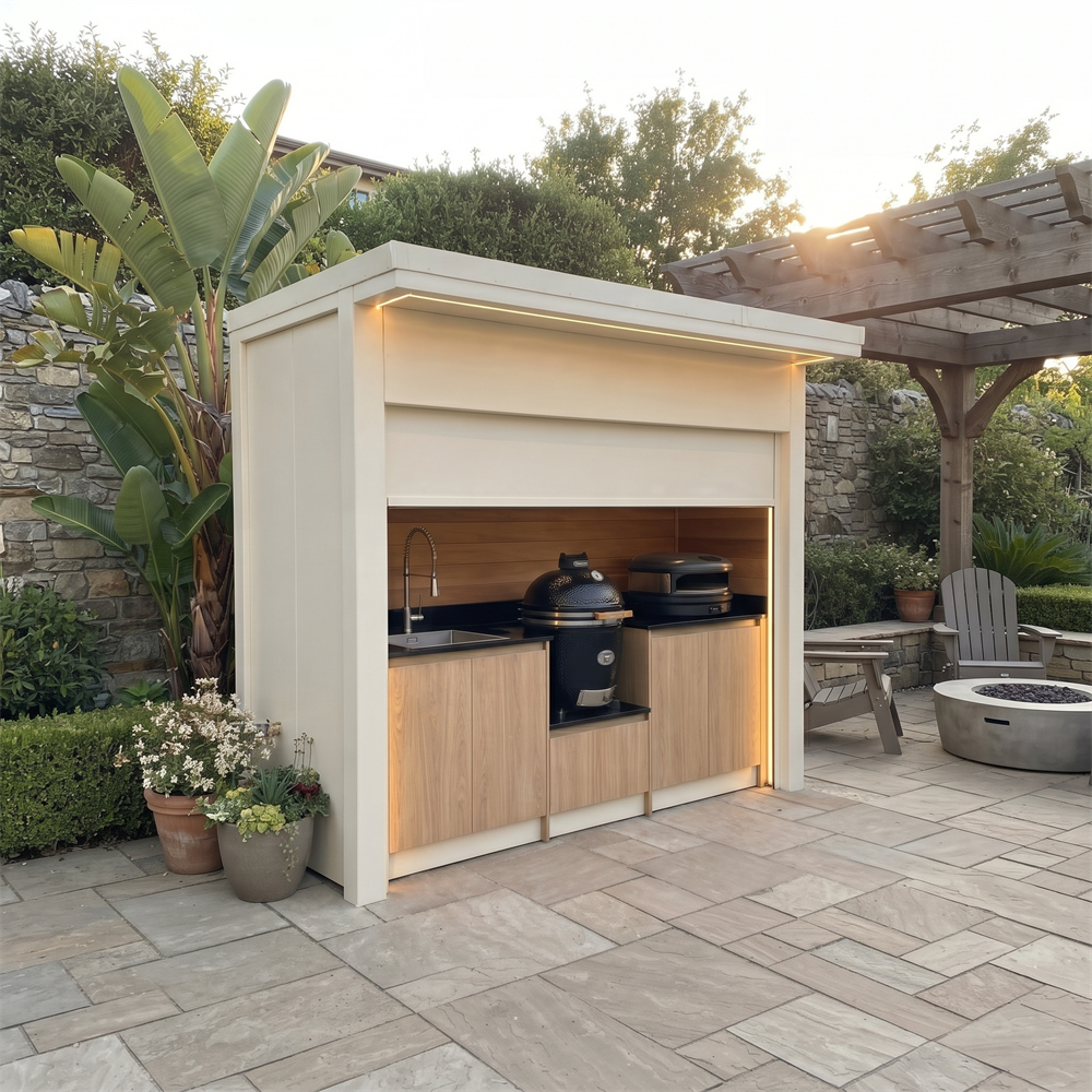 Made-to-Order Stainless Steel Outdoor Kitchen Pod with Shed – Roller Shutter Door, Kamado & Sink for Patio
