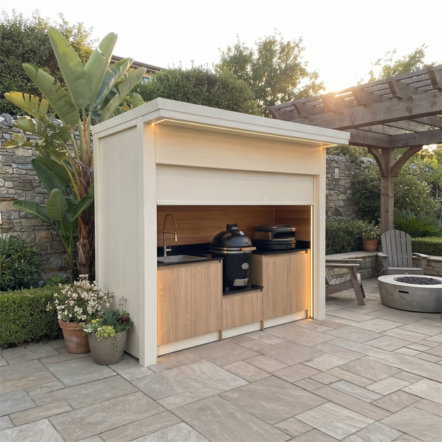 Made-to-Order Stainless Steel Outdoor Kitchen Pod with Shed – Roller Shutter Door, Kamado & Sink for Patio