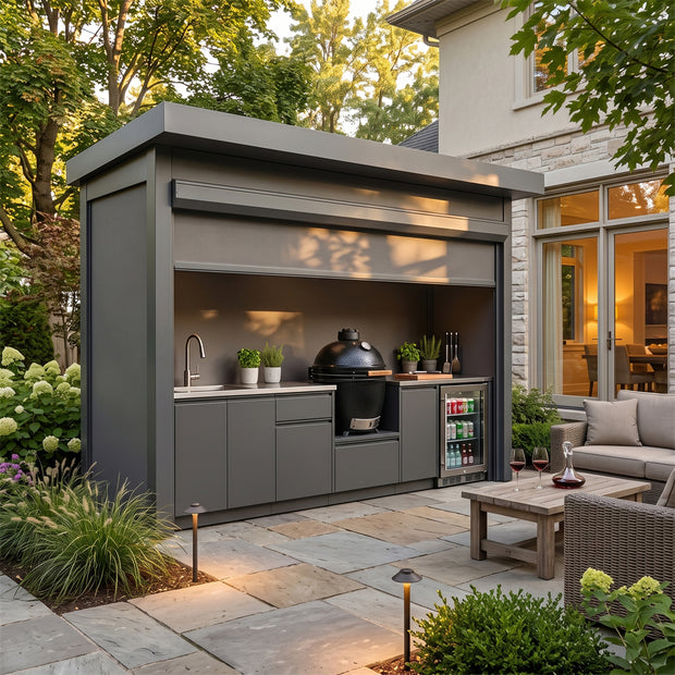 Bespoke Stainless Steel Outdoor Kitchen Pod with Shed – Electric Roller Shutter Door, Kamado With Sink for Poolside