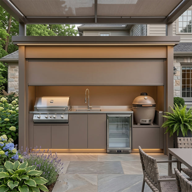 Tailor-Made Stainless Steel Outdoor Kitchen Pod with Shed – Roller Shutter Enclosure, Kamado & Sink for Backyard