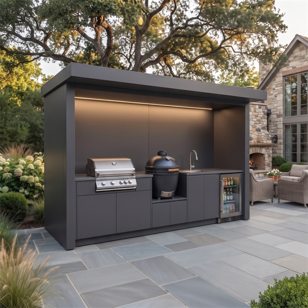 Bespoke Stainless Steel Outdoor BBQ Kitchen Shed – Roller Shutter Door, BBQ & Kamado Grill Station for Poolside