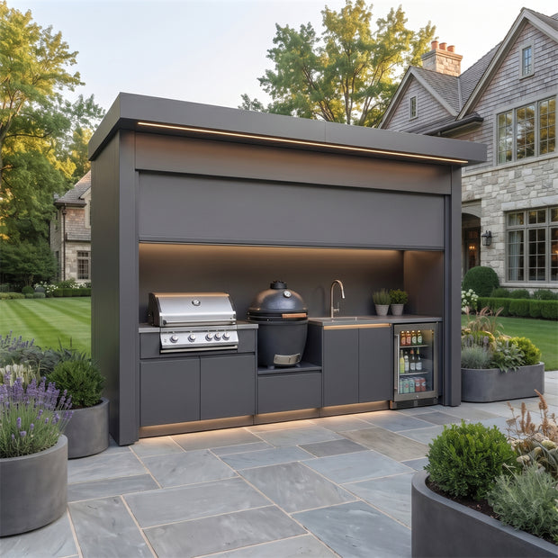 Made-to-Order Stainless Steel Outdoor Kitchen Pod with Shed – Roller Shutter Door, BBQ & Refrigerator for Poolside