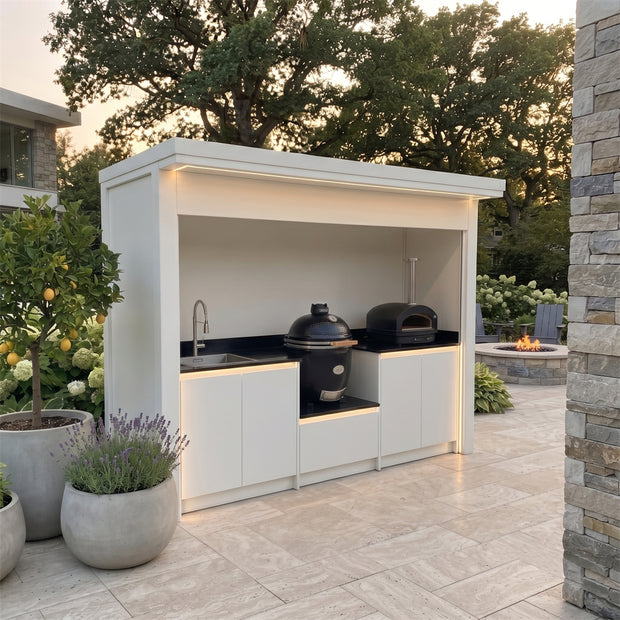 Made-to-Order Stainless Steel Outdoor Kitchen Pod with Shed – Roller Shutter Door, Refrigerator & Sink for Garden