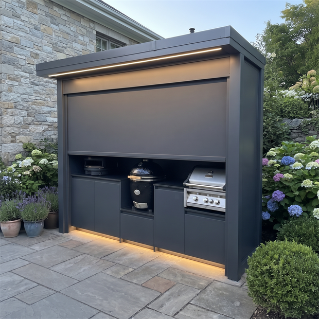 Made-to-Order Stainless Steel Outdoor Kitchen Pod with Shed – Roller Shutter Door, Gas BBQ Grill for Poolside