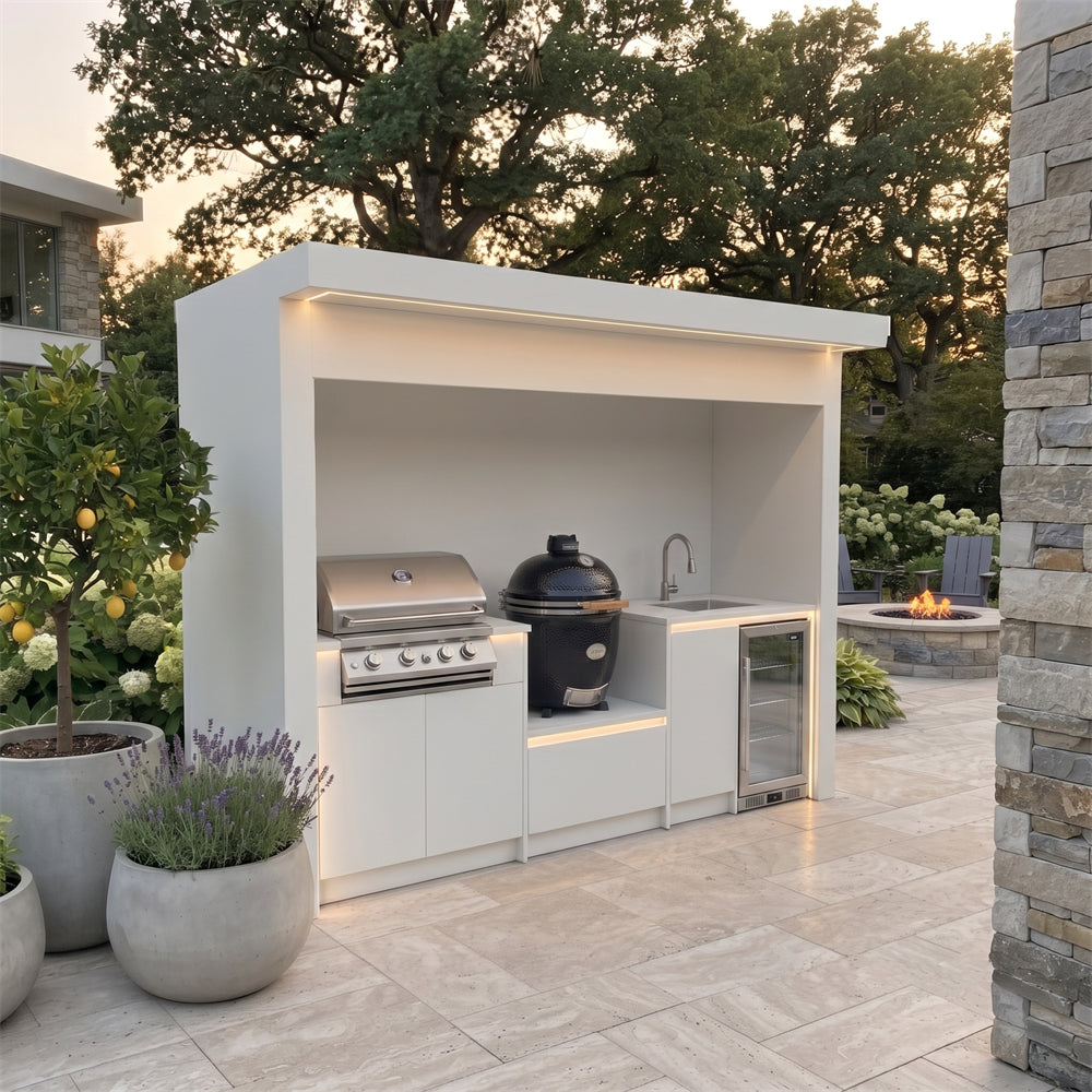 Made-to-Order Premium Stainless Steel Outdoor Kitchen Pod – Roller Shutter Door, Kamado Grill Station for Garden