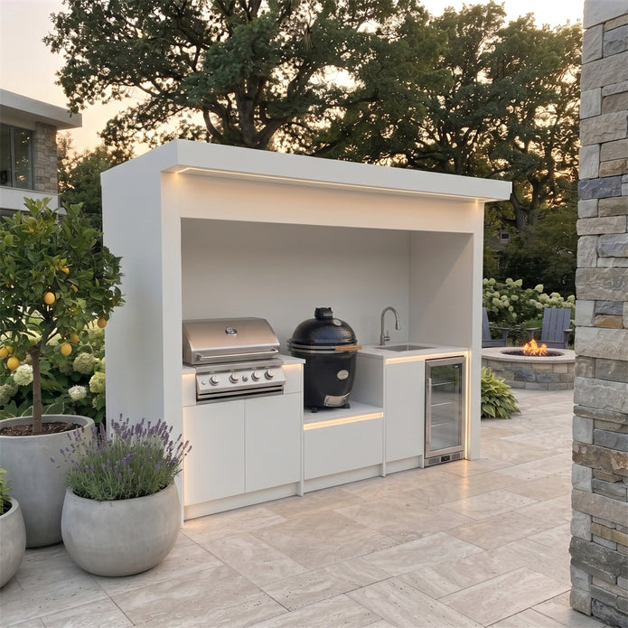 Made-to-Order Premium Stainless Steel Outdoor Kitchen Pod – Roller Shutter Door, Kamado Grill Station for Garden