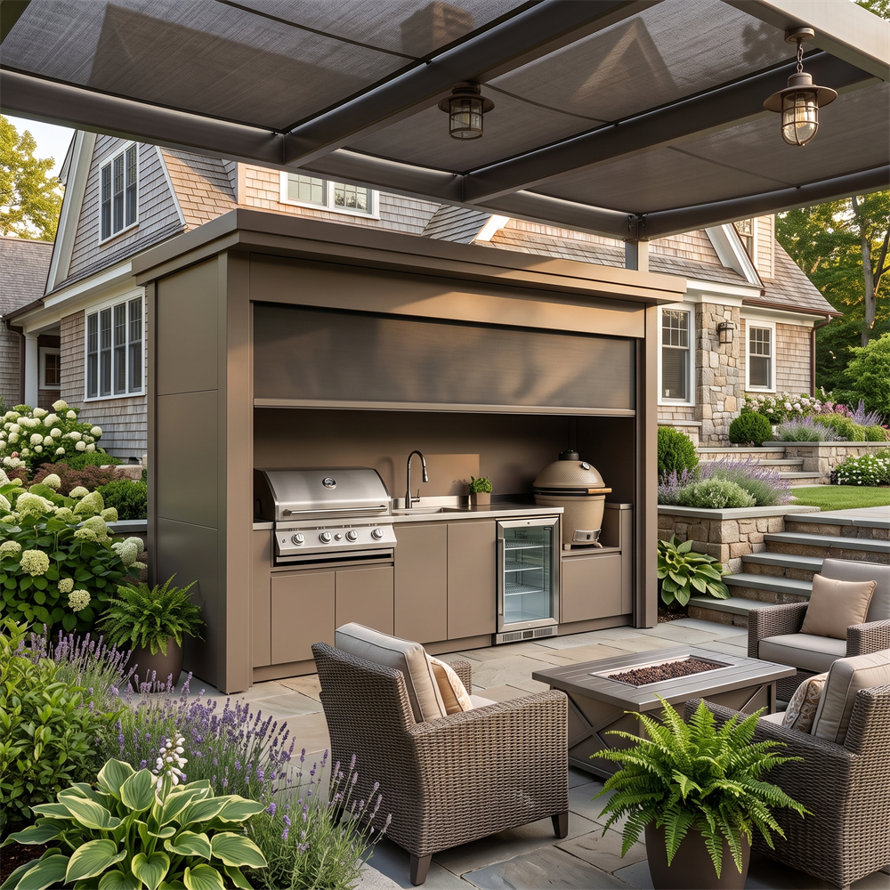 Bespoke Stainless Steel Outdoor Kitchen Shed – Roller Shutter Enclosure, Kamado With Sink for Villa Courtyard