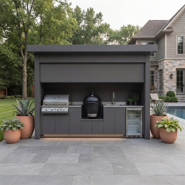 Made-to-Order Stainless Steel Outdoor Kitchen Pod with Shed – Closable Roller Shutter, Kamado & Sink for Patio