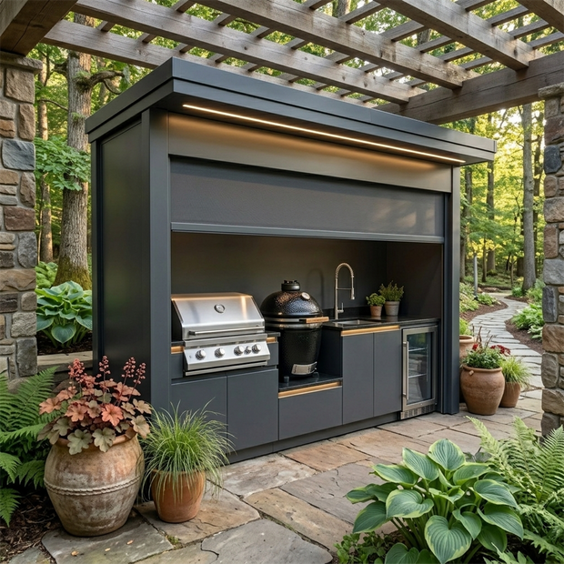 Bespoke Stainless Steel Outdoor Kitchen Pod with Shed – Roller Shutter Door, Kamado Grill Station for Villa Courtyard