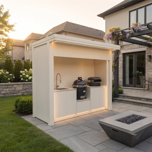 Made-to-Order Stainless Steel Outdoor Kitchen Pod with Shed – Roller Shutter Door, BBQ Station & Sink for Patio