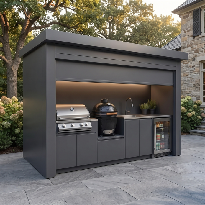 Bespoke Stainless Steel Outdoor Kitchen Shed – Roller Shutter Enclosure, Kamado Grill Station for Garden