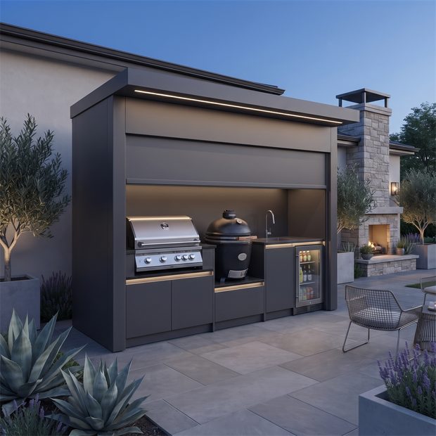 Bespoke Stainless Steel Outdoor Kitchen Shed – Electric Roller Shutter Door, BBQ Station & Sink for Poolside
