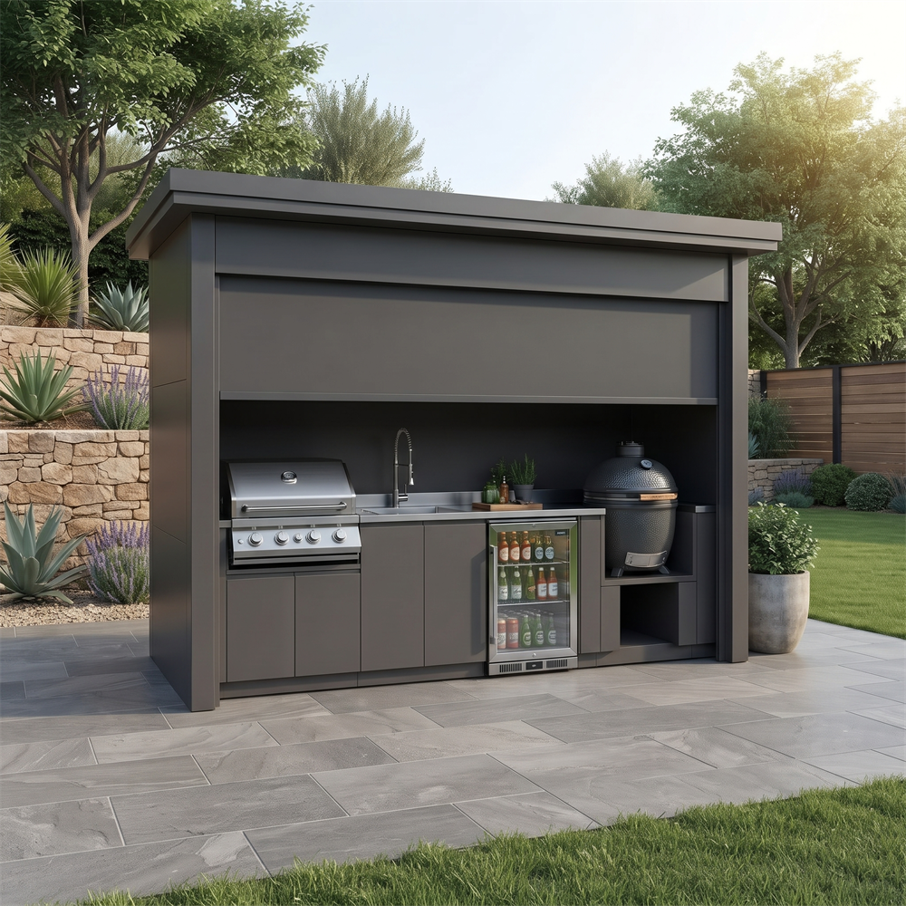 Made-to-Order Stainless Steel Outdoor Kitchen Pod with Shed – Closable Roller Shutter, Kamado & Sink for Poolside
