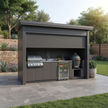 Made-to-Order Stainless Steel Outdoor Kitchen Pod with Shed – Closable Roller Shutter, Kamado & Sink for Poolside