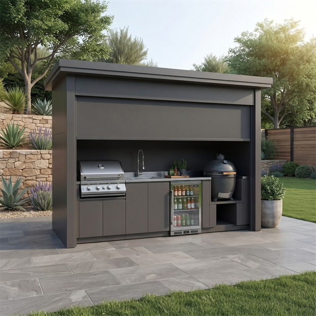 Made-to-Order Stainless Steel Outdoor Kitchen Pod with Shed – Closable Roller Shutter, Kamado & Sink for Poolside