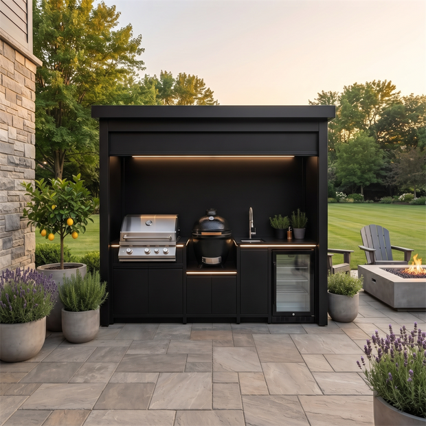 Bespoke Stainless Steel Outdoor BBQ Kitchen Shed – Roller Shutter Door, Fridge & Sink for Villa Courtyard