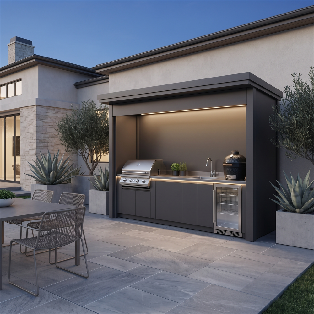 Custom Stainless Steel Outdoor Kitchen Pod with Shed – Roller Shutter Door, BBQ With Built-in Fridge for Poolside