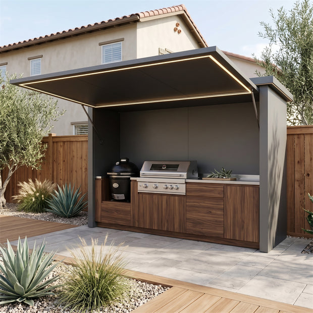 2.9m Customizable Made 304 Stainless Steel Outdoor Kitchen With Shelter Waterproof – Brown Wood-Grain Cabinet Doors