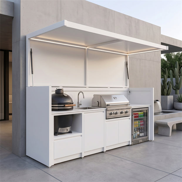 2.9m Made-to-Order Weatherproof Stainless Steel Outdoor Kitchen Pod – Covered Canopy, BBQ Grill & Sink for Backyard – White Cabinet Doors