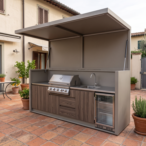 3.2m Tailor-Made Stainless Steel Outdoor Kitchen & BBQ Shed – Open Design With Canopy, Gas BBQ With Sink for Backyard – Gray Wood-Grain Cabinet Doors