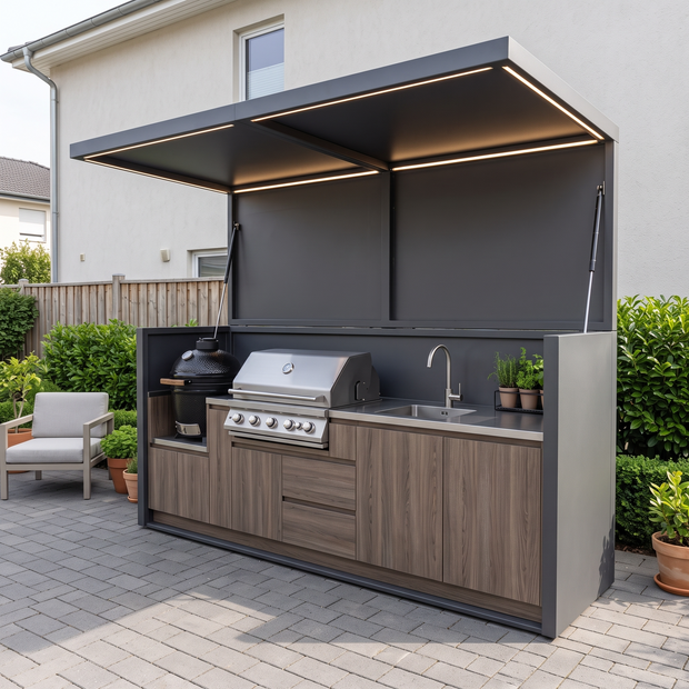 3.2m Bespoke Durable Stainless Steel Outdoor BBQ Kitchen Shed – Canopy Roof, Gas BBQ With Sink for Patio – Gray Wood-Grain Cabinet Doors