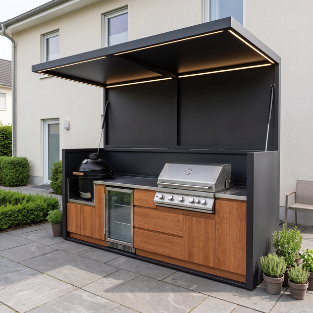 3.2m Bespoke Stainless Steel Outdoor Kitchen Shed – Covered Canopy, Kamado Grill Station for Villa Courtyard – Brown Wood-Grain Cabinet Doors