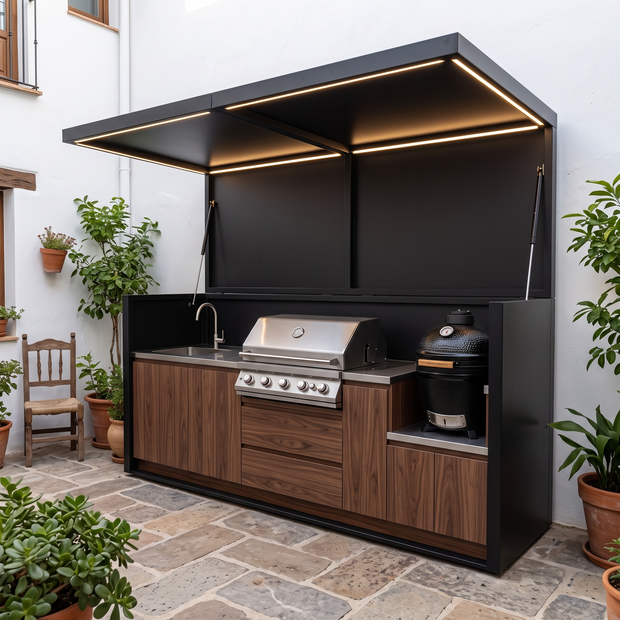 3.2m Tailor-Made Stainless Steel Outdoor BBQ Kitchen Pod with Shed – Canopy Roof, Built-in Gas BBQ for Patio – Brown Wood-Grain Cabinet Doors