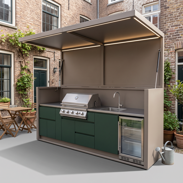 3.2m Bespoke Weatherproof Stainless Steel Outdoor Kitchen Shed – Covered Canopy, Fridge & Sink for Poolside – Dark Green Cabinet Doors