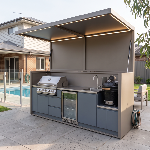 3.5m Tailor-Made Durable Stainless Steel Outdoor Kitchen & BBQ Shed – Canopy Roof, Refrigerator & Sink for Patio – Slate Blue Cabinet Doors