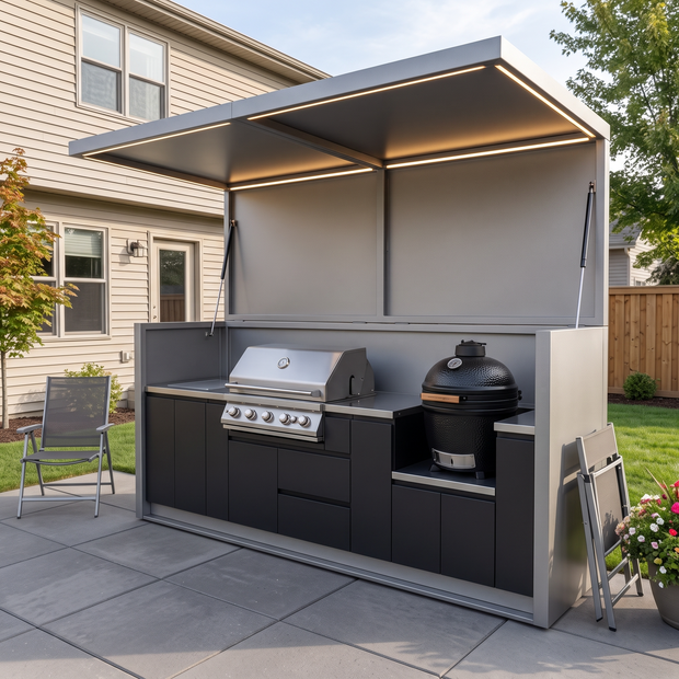 3.2m Tailor-Made Rustproof Stainless Steel Outdoor Kitchen & BBQ Shed – Fold-Away Door, Kamado Grill Station for Patio – Charcoal Gray Cabinet Doors