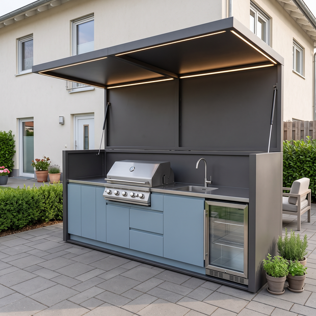 3.2m Made-to-Order Stainless Steel Outdoor Kitchen & BBQ Pod with Shed – Canopy Roof Design, BBQ & Kamado Combo for Patio – Light Blue Cabinet Doors