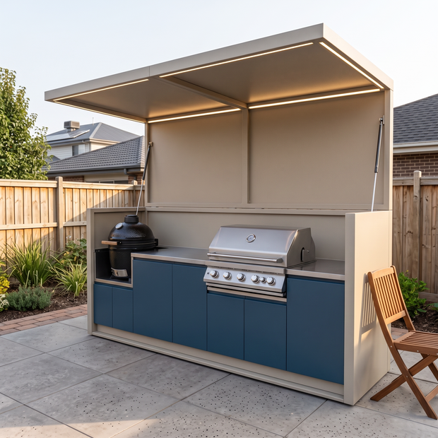 3.2m Bespoke Durable Stainless Steel Outdoor BBQ Kitchen Shed – Canopy Roof, BBQ Station & Sink for Patio – Navy Blue Cabinet Doors