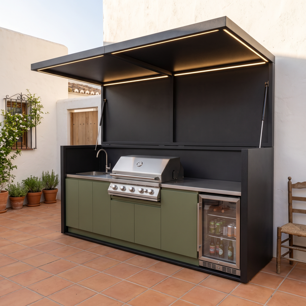 3.2m Made-to-Order Stainless Steel Outdoor Kitchen Shed with BBQ Pod – Canopy Roof, Gas BBQ With Sink for Backyard – Olive Green Cabinet Doors