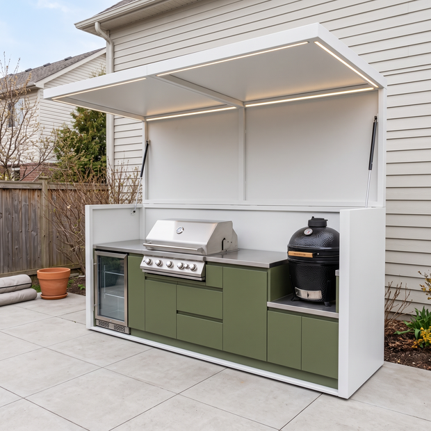 3.2m Made-to-Order Stainless Steel Outdoor Kitchen & BBQ Pod with Shed – Covered Canopy, Fridge & Sink Station for Garden – Olive Green Cabinet Doors