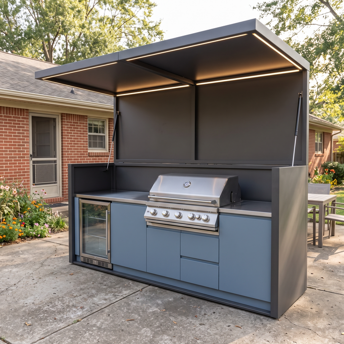 3.2m Made-to-Order Stainless Steel Outdoor Kitchen Pod – Canopy Roof Design, BBQ & Fridge for Villa Courtyard – Slate Blue Cabinet Doors
