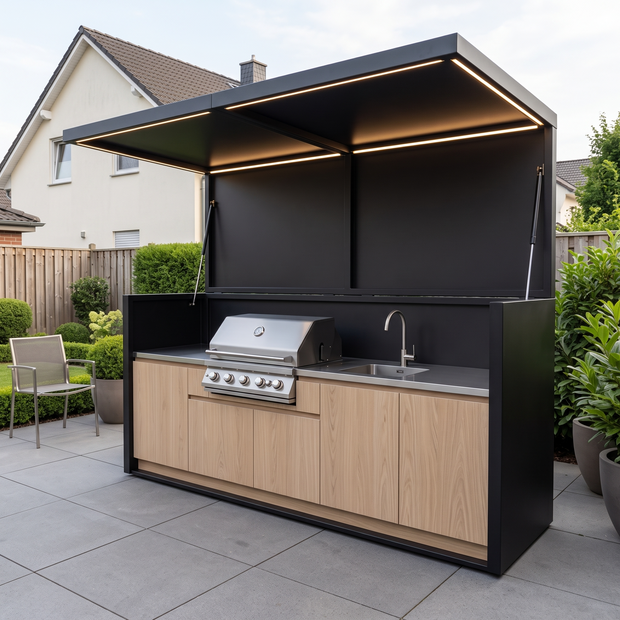 3.2m Custom Rustproof Stainless Steel Outdoor BBQ Pod – Canopy Roof, Kamado Grill Station for Garden – Natural Wood-Grain Cabinet Doors