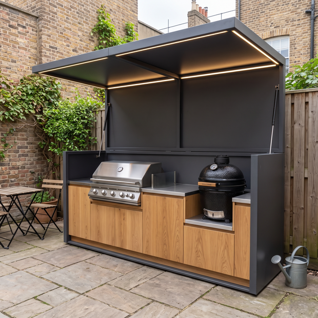 3.2m Tailor-Made Stainless Steel Outdoor BBQ Kitchen Pod with Shed – Open Design With Canopy, BBQ & Refrigerator for Poolside – Natural Wood-Grain Cabinet Doors