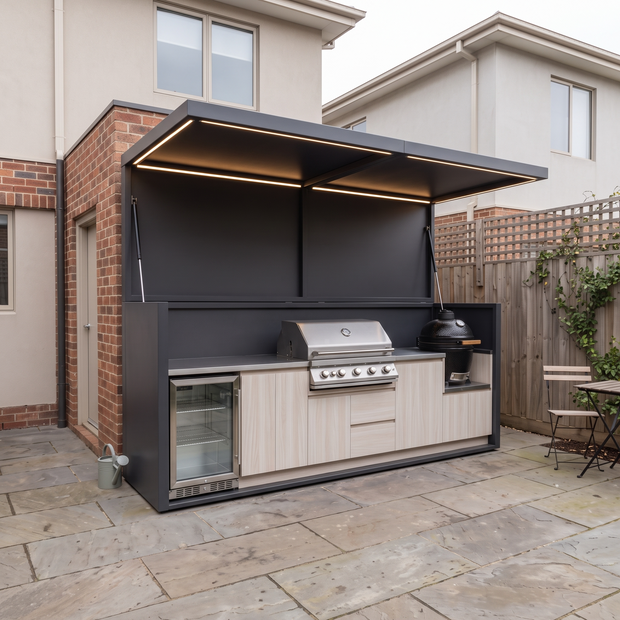 3.2m Made-to-Order Stainless Steel Outdoor Kitchen Shed with BBQ Pod – Canopy Roof, Kamado With Sink for Backyard – White Wood-Grain Cabinet Doors