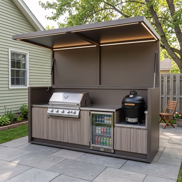 3.2m Made-to-Order Stainless Steel Outdoor Kitchen & BBQ Pod with Shed – Open Design With Canopy, BBQ With Built-in Fridge for Villa Courtyard – Gray Wood-Grain Cabinet Doors