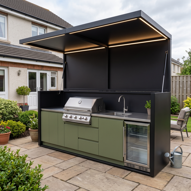3.2m Bespoke Weatherproof Stainless Steel Outdoor Kitchen Shed – Open Design With Canopy, Kamado With Sink for Patio – Olive Green Cabinet Doors