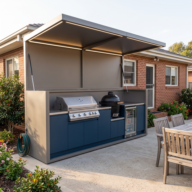 3.2m Made-to-Order Stainless Steel Outdoor Kitchen & BBQ Pod with Shed – Open Design With Canopy, Gas BBQ & Fridge for Poolside – Navy Blue Cabinet Doors