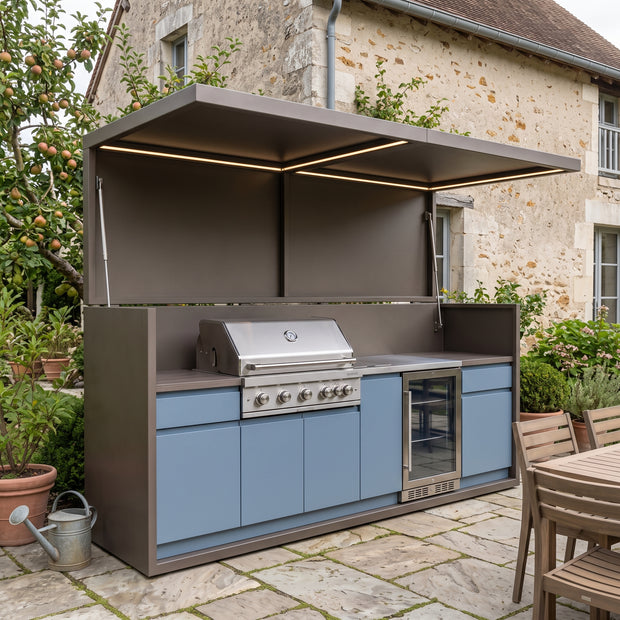 2.9m Tailor-Made Stainless Steel Outdoor BBQ Pod with Kitchen Shed – Canopy Roof Design, BBQ Grill & Sink for Poolside – Light Blue Cabinet Doors