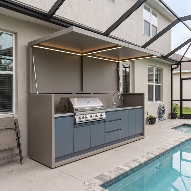 2.9m Custom Weatherproof Stainless Steel Outdoor BBQ Pod – Open Design With Canopy, Kamado & Sink for Garden – Slate Blue Cabinet Doors