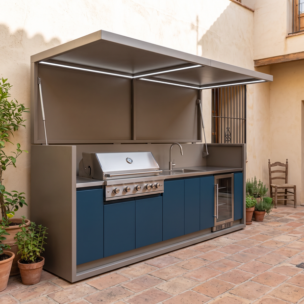 2.9m Made-to-Order Stainless Steel Outdoor Kitchen Shed with BBQ Pod – Power Door, Kamado Grill Station for Villa Courtyard – Navy Blue Cabinet Doors