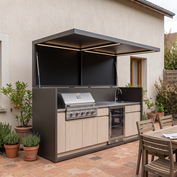 2.9m Bespoke Stainless Steel Outdoor BBQ Kitchen Shed – Canopy Roof Design, Refrigerator & Sink for Backyard – White Wood-Grain Cabinet Doors