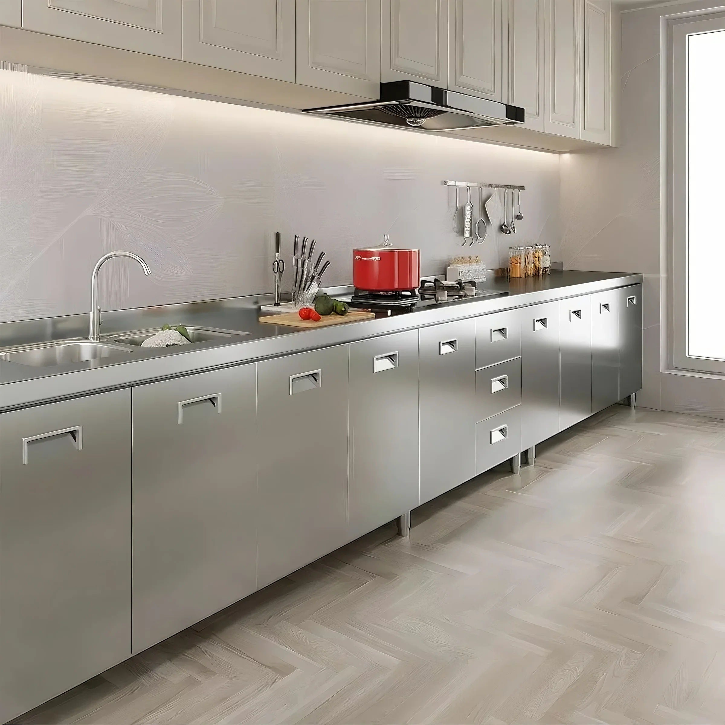 Private One Line Shape 304 Stainless Steel Kitchen Cabinet - Waterproof, Apartment Fit