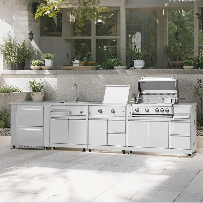 Multi Functional Modular Stainless Steel Outdoor Kitchen Set Recycle With Sink Faucet