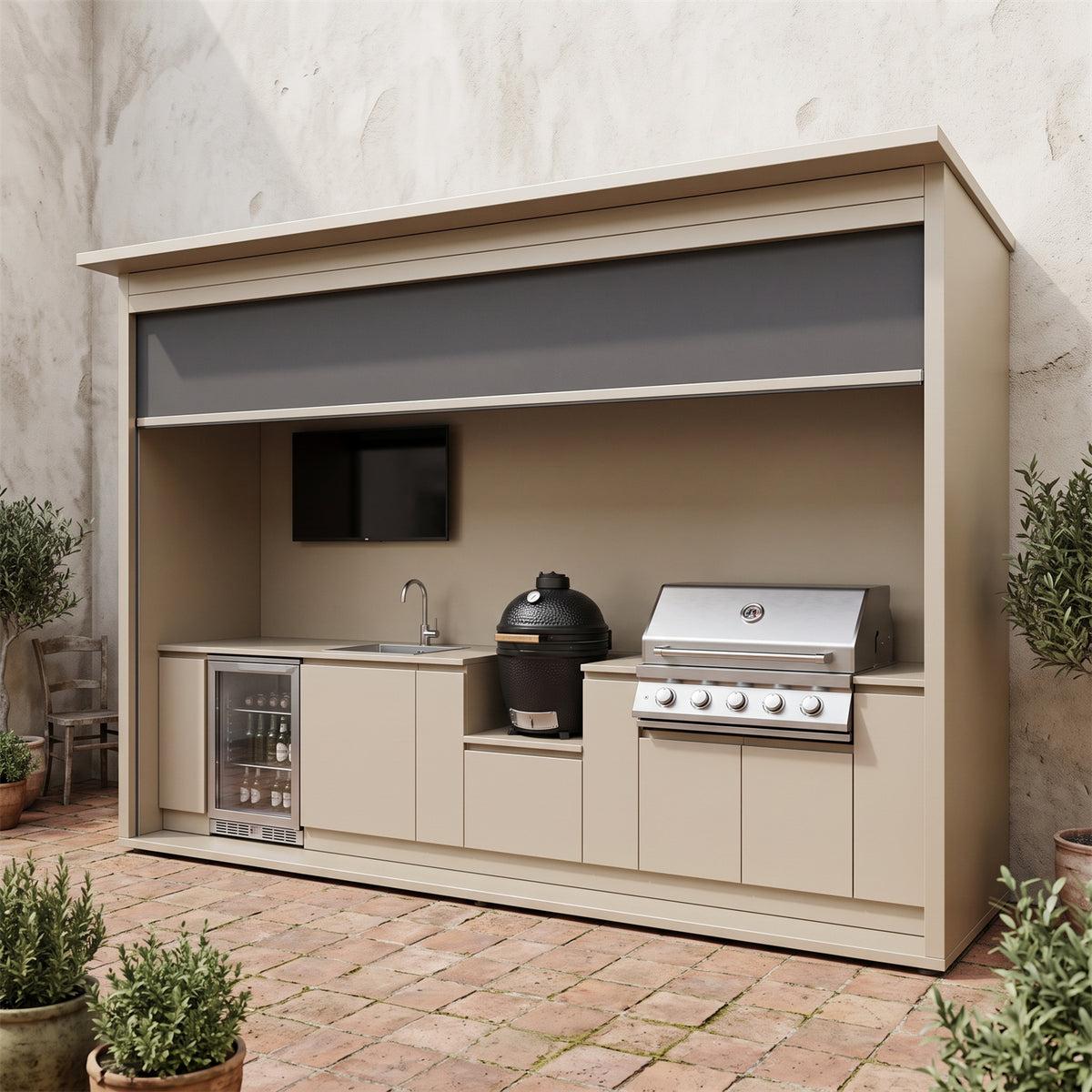 2.9m Bespoke Stainless Steel Outdoor BBQ Kitchen Shed – Roller Shutter Door, Gas BBQ & Kamado Grill for Patio – Beige Cabinet Doors